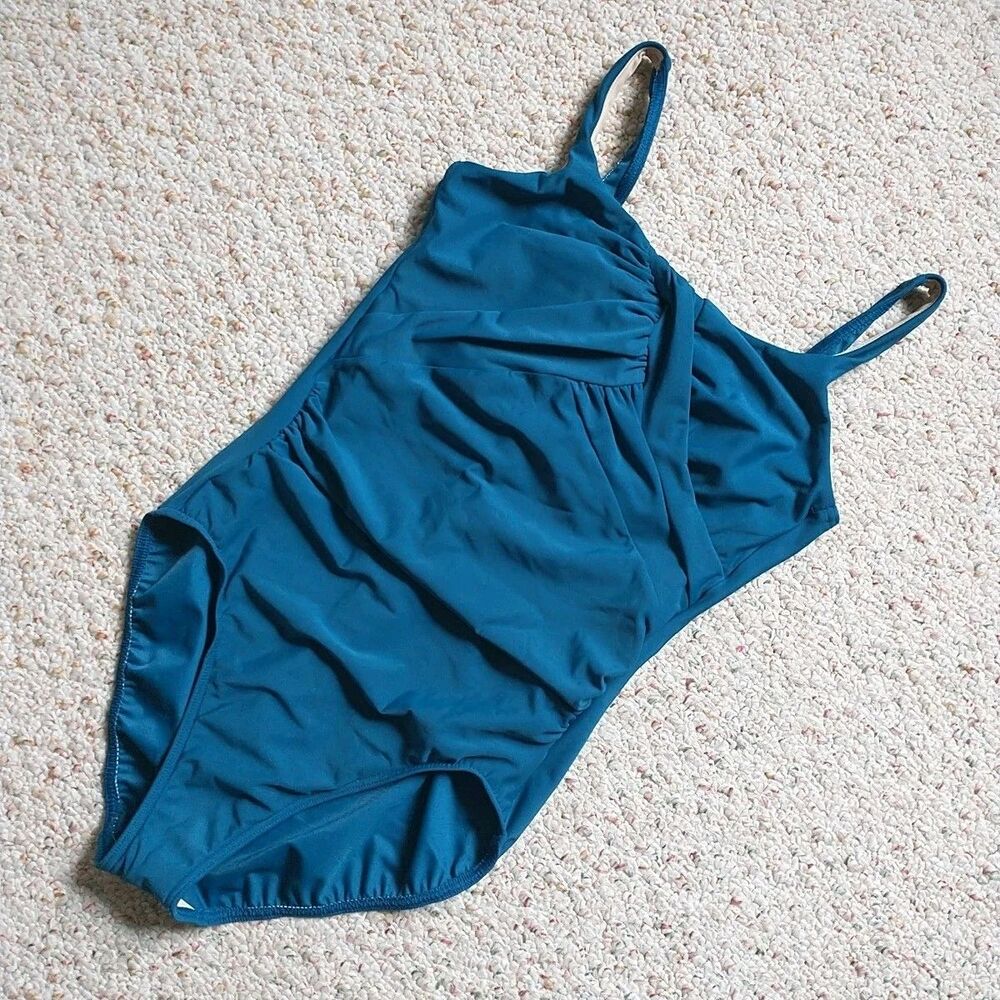 Miraclesuit One Piece Swimsuit Womens 12 Teal Underwire Tummy Control Faux Wrap